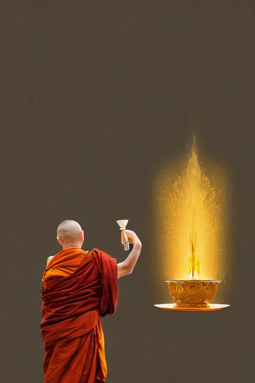 Prompt: highly detailed potrait of buddhist monk with liquid gold coming out of in his mounth by stanley kubrick and tooth wu and wlop and beeple