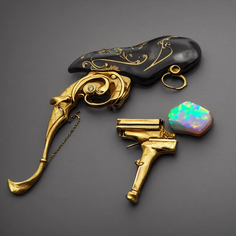 Prompt: jewelry gun made of prismatic opal and gold, design in rococo style, dark background, studio shot