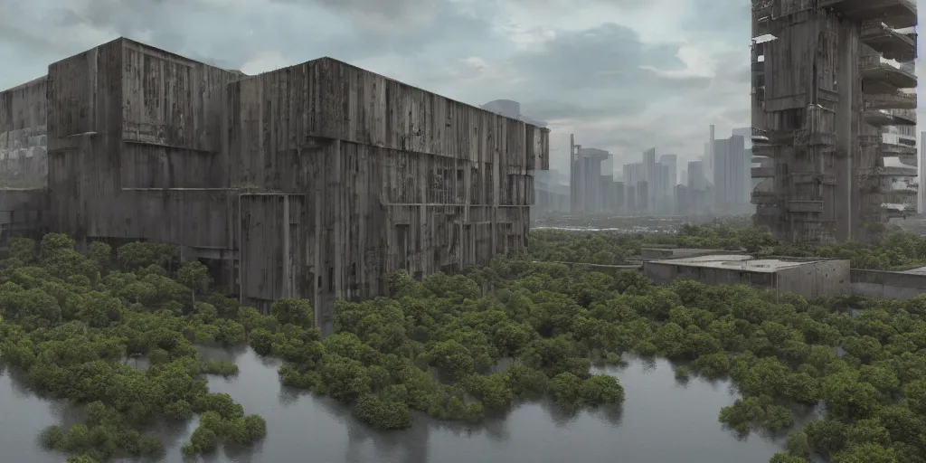 Image similar to an extremely detailed building, brutalist architecture, gargantuan in size, surrounded by lush green forest and murky ponds of water, stunning volumetric lighting, sunset, rusted steel, smooth concrete, stunning skies, trending on Artstation, 8k, photorealistic, hyper detailed, unreal engine 5, IMAX quality, cinematic, epic lighting, in the style of the game DOOM, by Greg Rutkowski