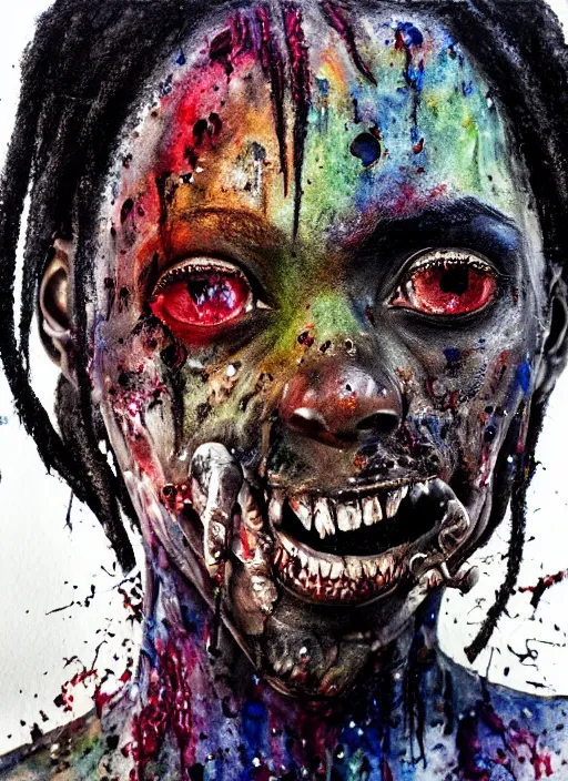 Image similar to african american zombie hollywood artwork professional acting headshot, hyperrealism, intricate detail, studio lighting, charming expression gesicht, hauntingly beautiful zombie, watercolor art, epic, legendary, drawn and painted, colored layers, dulled contrast, exquisite fine art, splatterpaint