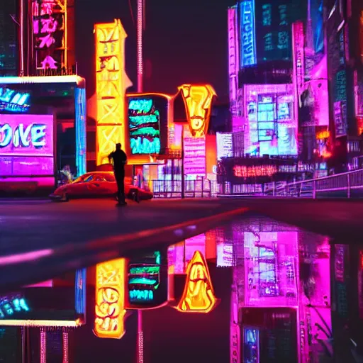 Prompt: small corgi dog in a cyberpunk city looking at a neon sign, at night, 4k detailed art