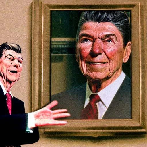 Image similar to wide angle 4 k portrait of ronald reagan showering