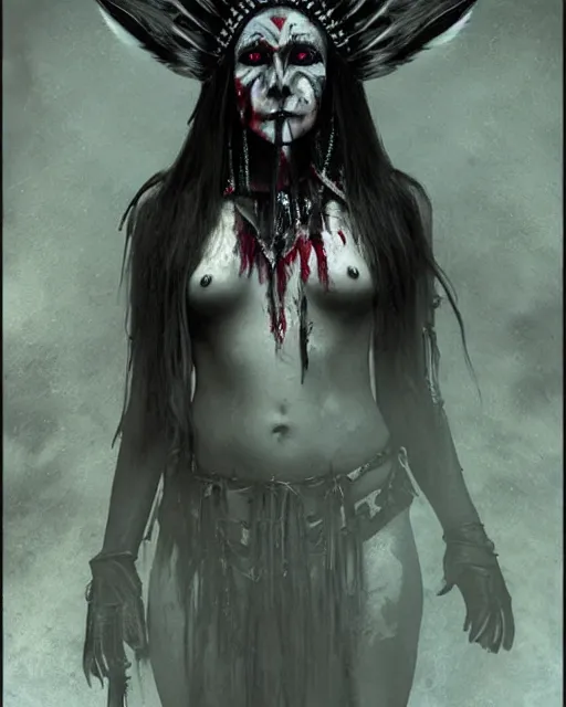 Image similar to lady native sisters ghost - spirit of the grim - warpaint wears the scarlet skull armor and native blood headdress feathers, midnight fog - mist!, dark oil painting colors, realism, cinematic lighting, various refining methods, micro macro autofocus, ultra definition, award winning photo, photograph by ghostwave - gammell - giger - shadowlord