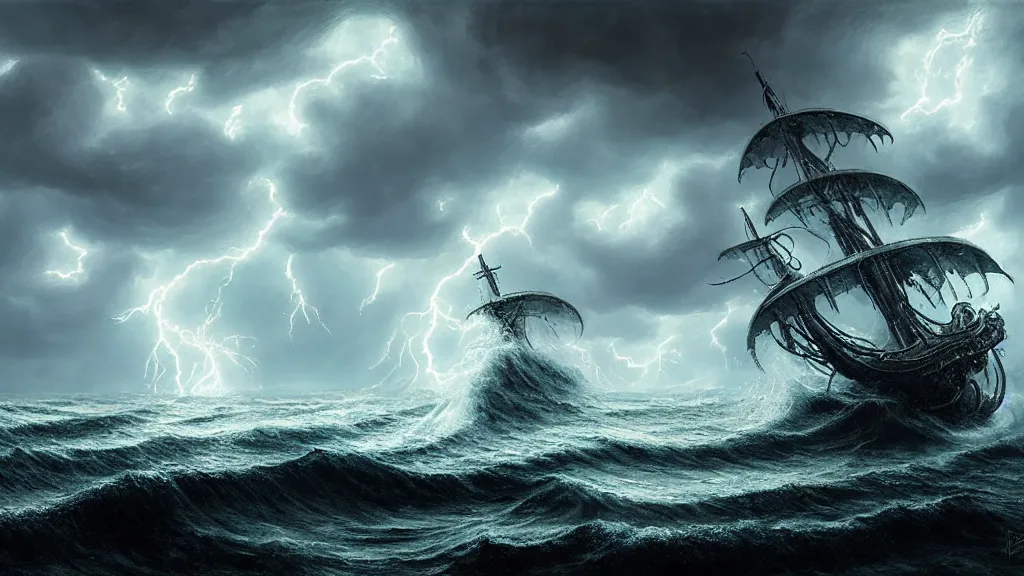 Prompt: small boat versus massive kraken in a stormy sea, giant waves, lightning in background, intricate, detailed, volumetric lighting, sharp focus, scenery, photorealism, digital painting, highly detailed, concept art, ruan jia, steve mccurry