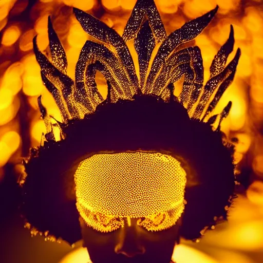 Prompt: Crown made of Bokeh on a head made of light on an angel with wings of fire standing on lava. Photo.