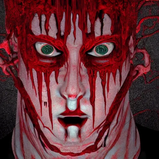 Image similar to octane render of body horror, sharp dark shadows, heavy red and black color contrast by trevor henderson and junji ito