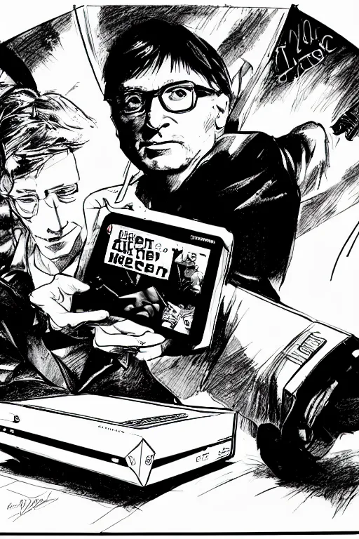 Image similar to microsoft co - founder bill gates presenting the xbox at ces, a page from cyberpunk 2 0 2 0, style of paolo parente, style of mike jackson, adam smasher, johnny silverhand, 1 9 9 0 s comic book style, white background, ink drawing, black and white