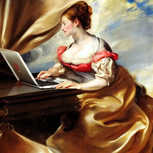 Image similar to heavenly summer sharp land sphere scallop well dressed lady working on her laptop auslese, by peter paul rubens and eugene delacroix and karol bak, hyperrealism, digital illustration, fauvist, looking at her imac laptop