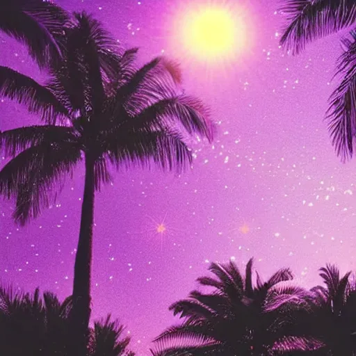 Image similar to dreamy wistful oasis whimsical purple pink blue calm nighttime stars palm tree lush