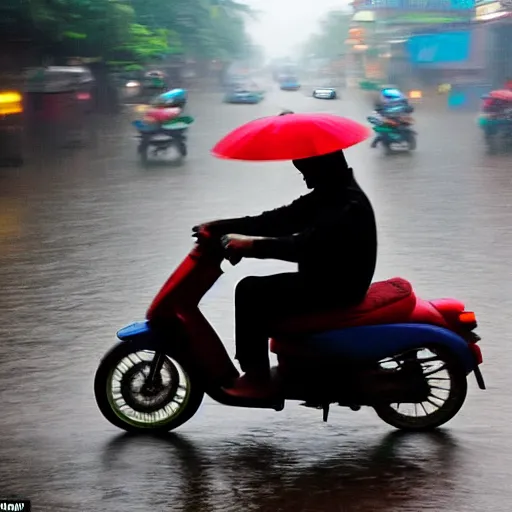 Image similar to a man riding a moped during a tornado hurricane, hanoi vietnam