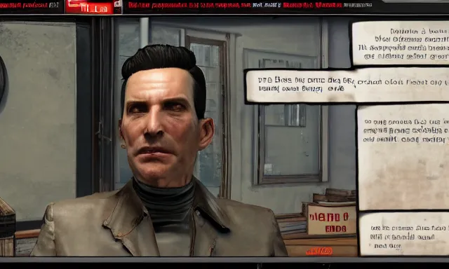 Image similar to ingame dialog talking!!!!!!!!! to dennis!!!!! bateman!!!!! in fallout 5, hd 4 k max settings raytracing