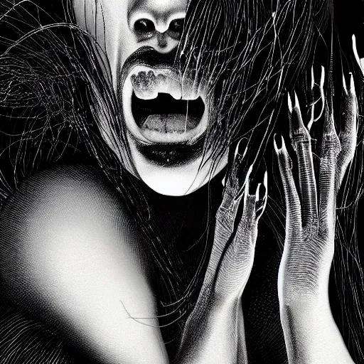 Image similar to x - ray portrait closeup of screaming black reflective glossy dark beautiful woman with hair made by snakes, sensual pose, symmetrical, glitches, by yoichi hatakenaka, masamune shirow, josan gonzales and dan mumford, ayami kojima, takato yamamoto, barclay shaw, karol bak, yukito kishiro, moebius