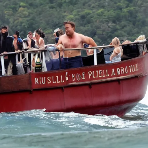 Prompt: Russell Crowe buffed on a little steamboat discovering new countries