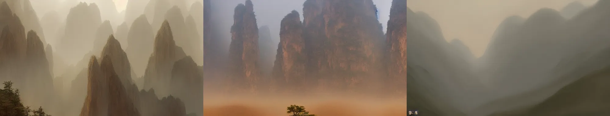 Prompt: A sandstorm in Zhangjiajie National Forest Park, stunning painting by Ruxing Gao, artstationHD, artstationHQ