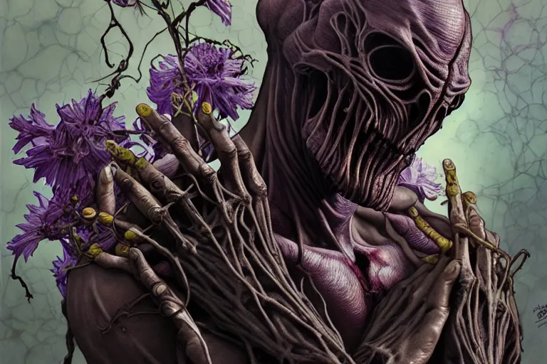 Image similar to the platonic ideal of flowers, rotting, insects and praying of cletus kasady ultimate carnage thanos dementor doctor manhattan chtulu nazgul davinci, detailed, intricate, hyperrealism, intense, scary, decay, dmt, art by brock hofer and artgerm and greg rutkowski and alphonse mucha