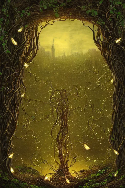 Image similar to a beautiful digital illustration painting of a detailed gothic fantasy fireflies and roots, throne and vines by giorgio de chirico, and david rios ferreira. 8 k resolution trending on artstation concept art digital illustration