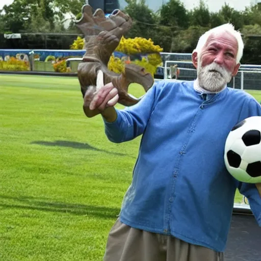 Image similar to an old man with blue hair bringing his priceless soccer ball to the antiques roadshow,