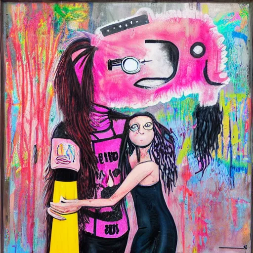 Prompt: “tall queer woman with long pink hair and a tall emo girl, a giant weedy pig, grassy skyscraper, acrylic and spray paint and oilstick on canvas, neoexpressionism”