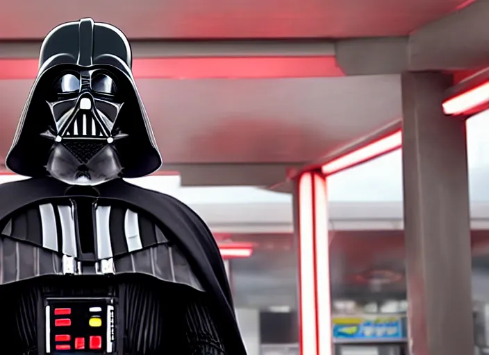 Image similar to film still of Darth Vader works at a gas station in the new Star Wars movie, 4k