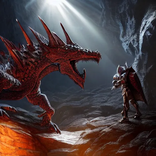 Image similar to photo of an armored knight confronting a large red scaly dragon sleeping on a mountain of human bones in a dark dusty cave with a ray of light shining on it\'s face. The knight is very small in comparison to the dragon. The cave is full with sparkling gemstones and gold. Very detailed 8k. fantasy