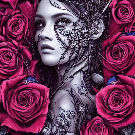 Image similar to the anatomy of a head of thorns with roses that resemble a beautiful woman, an ultrafine detailed illustration by james jean, intricate linework, bright colors, final fantasy, behance contest winner, vanitas, angular, altermodern, unreal engine 5 highly rendered, global illumination, radiant light, detailed and intricate environment