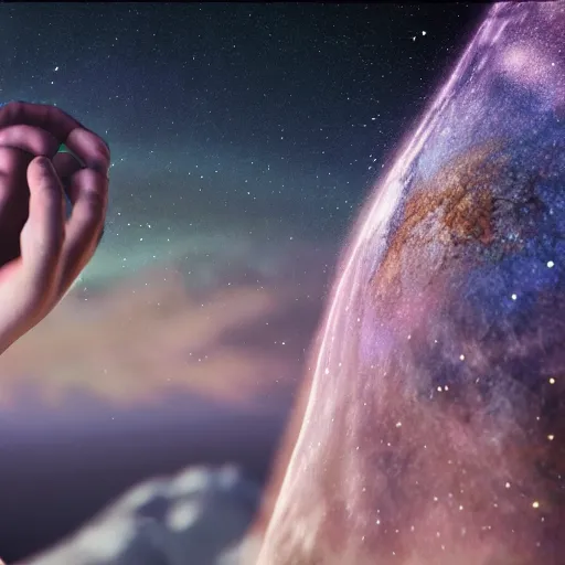 Prompt: a giant god like being holding the universe in the palm of his hand with galaxies in the backround, 8 k, unreal engine 6, hyper realism,