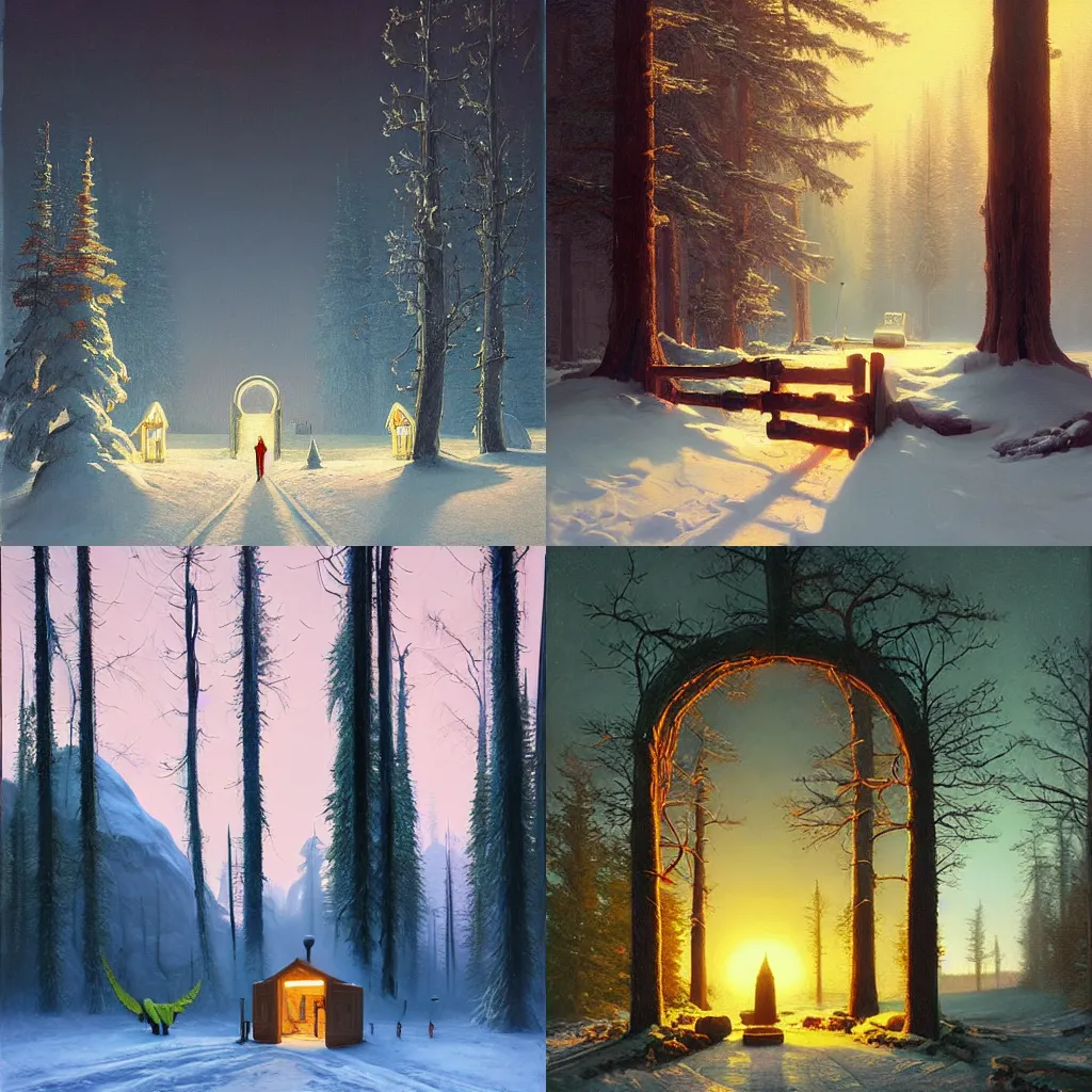 Prompt: The gateway into winter, portal into alternative reality, cottagecore, by Simon Stålenhag and Albert Bierstadt, oil on canvas