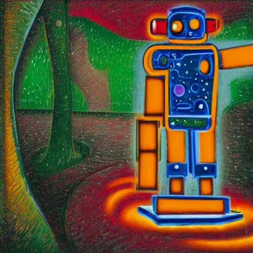 Prompt: A robot reading a book in a park, winter evening, lights, colorful, in the style of Umberto Boccioni