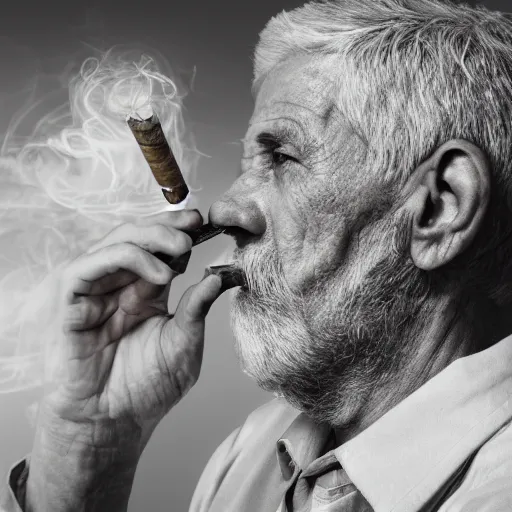 Prompt: portrait of old man smoking pipe, the smoke turns into his gray hair, realistic 4k octane beautifully detailed render, 4k post-processing, highly detailed, intricate complexity, epic composition, magical atmosphere, cinematic lighting, masterpiece, ultra hd