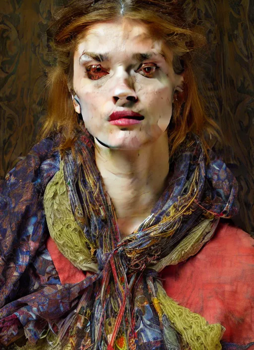 Prompt: close up portrait of a beautiful woman in a library, wearing a scarf with colourful intricate psychodelic patterns, by edgar maxence and caravaggio and michael whelan and delacroix style, artistic, intricate drawing, light brazen, realistic fantasy, extremely detailed and beautiful aesthetic face, establishing shot, 8 k resolution, dramatic lighting