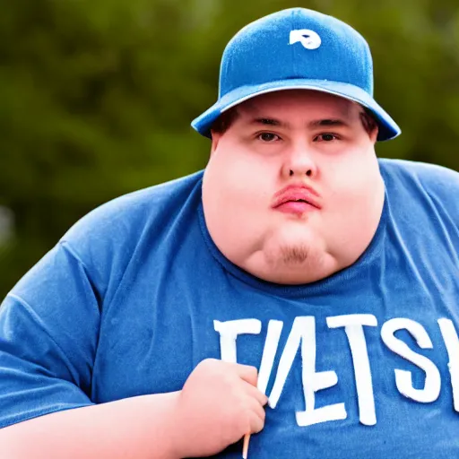 Prompt: very obese man with a t-shirt and blue cap with the letter P, holding a pencil