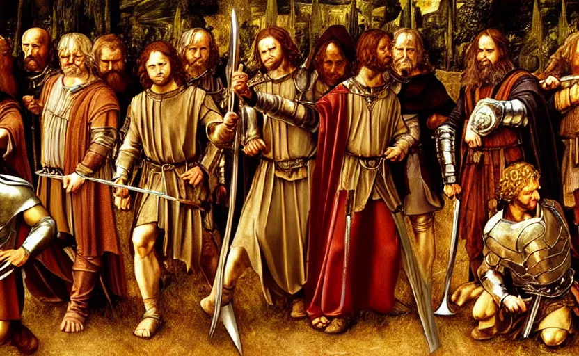 Prompt: the fellowship of the ring, lord of the rings, intricate, renaissance painting, rome, classical artwork, david