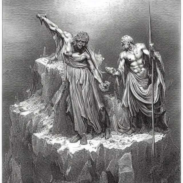 Prompt: an engraving of dante and virgil on the hellish plain of ice by gustave dore