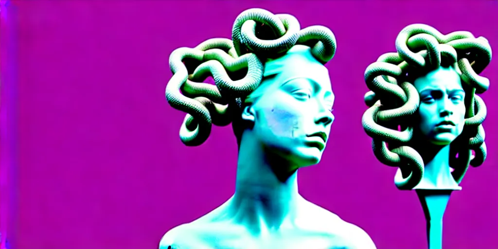 Prompt: modern sculpture, young woman as medusa, multiple poses, androgynous, vaporwave, distorted vhs still