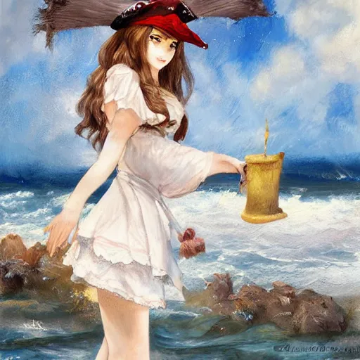 Prompt: dancing brunette milk maid woman wearing a pirate hat shore seascape in the style of Krenz Cushart