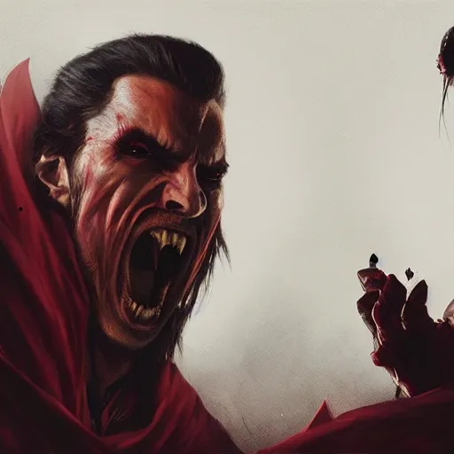 Prompt: picture of human dracula vs. vampire, painting, by greg rutkowski and igor kieryluk, photo realistic, dynamic lighting, artstation, poster, volumetric lighting, very detailed face, 8 k, award winning