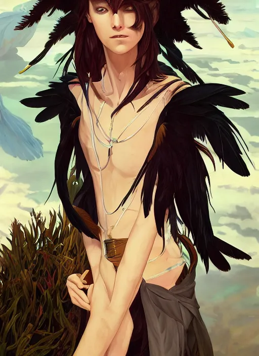 Prompt: concept art painting of an androgynous harpy person with black feathers, pirate clothes, detailed, realistic, cel shaded, in the style of makoto shinkai and james gurney and alphonse mucha and greg rutkowski and artgerm