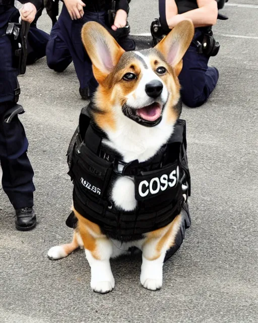 Image similar to a corgi police dogs wearing tactical k 9 gear, crowd control. riots