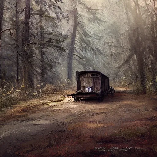 Prompt: an abandoned wagon in the woods, concept art, rutkowski