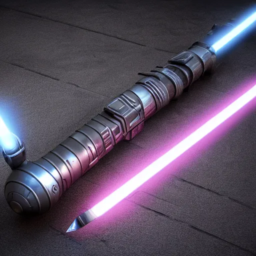 Image similar to ultra - detailed cinematic render, of a lightsaber hilt, lying on a stone, lit up in a dark room, octane render, high quality, digital art, 8 k, jedi fallen order ligthsaber, volumetric lighting