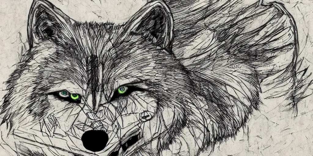 Image similar to face of a wolf. in the style of a Map-style Skyrim Lord of the rings map zelda breath of the wild map, video game style drawing on parchment