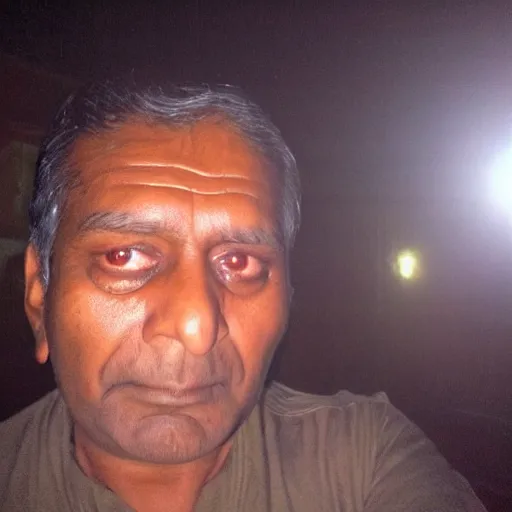 Image similar to my indian dad taking a selfie in the dark and squinting his eyes because the camera flash is too bright