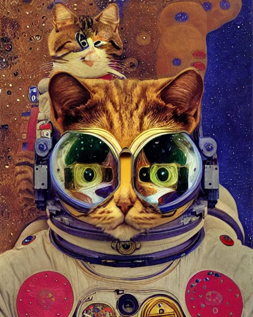 Image similar to cosmonaut cat portrait an oil painting splashes with many colors and shapes by gustav klimt greg rutkowski and alphonse mucha, polycount, generative art, psychedelic, fractalism, glitch art