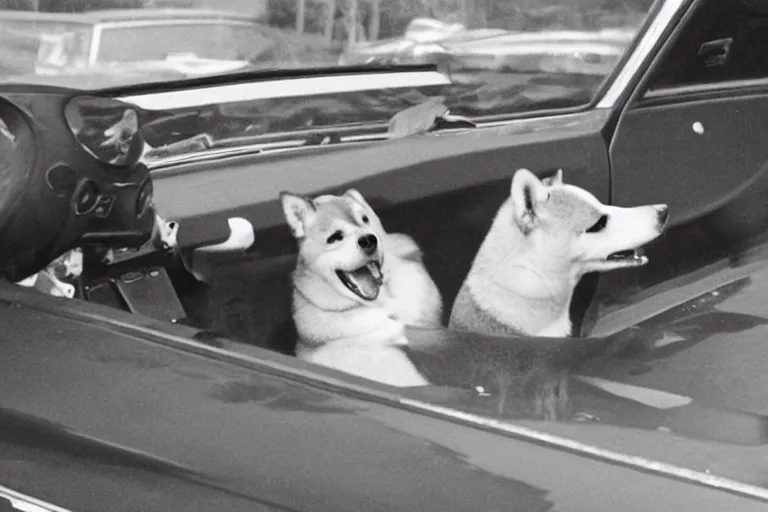 Image similar to picture of a shiba inu driving a car, 1 9 7 0 s