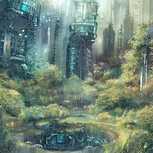 Image similar to Beautiful happy overgrown sci-fi city in harmony with nature. Nice colour scheme, soft warm colour. Beautiful detailed watercolor by Lurid. (2022)