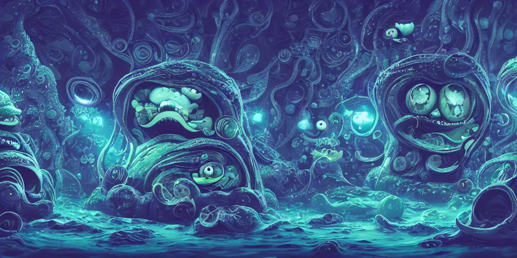 Image similar to of an intricate deep sea with strange cute friendly happy creatures with huge eyes, mouth, long tongue, round teeth and goofy face, appearing from the background, in the style of gehry and gaudi, macro lens, shallow depth of field, ultra detailed, digital painting, trending artstation, concept art, illustration, cinematic lighting, photorealism, epic, octane render