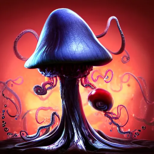 Prompt: !dream an alien mushroom with tentacles, a red cap, oozing black goo melty, drippy, unreal engine