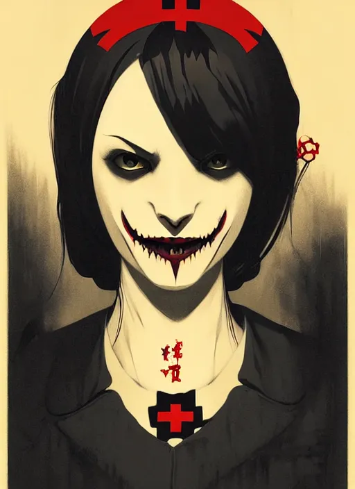 Image similar to scary female vampire nurse, symmetrical face, evil grin, portrait size, cinematic, dramatic, super detailed and intricate, by koson ohara, by darwyn cooke, by greg rutkowski, by satoshi kon
