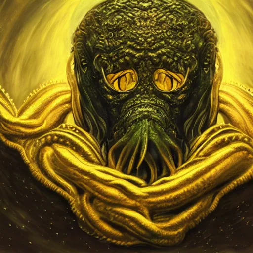 Prompt: hyperrealistic portrait of cthulhu wearing a golden mask beneath a night sky