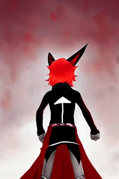 Image similar to little boy with cat ears in an black outfit with red cape. digital artwork made by lois van baarle and kentaro miura and marc simonetti, sharpness focus, inspired by hirohiko araki, anatomically correct, heroic composition, hero pose, smooth. red and black